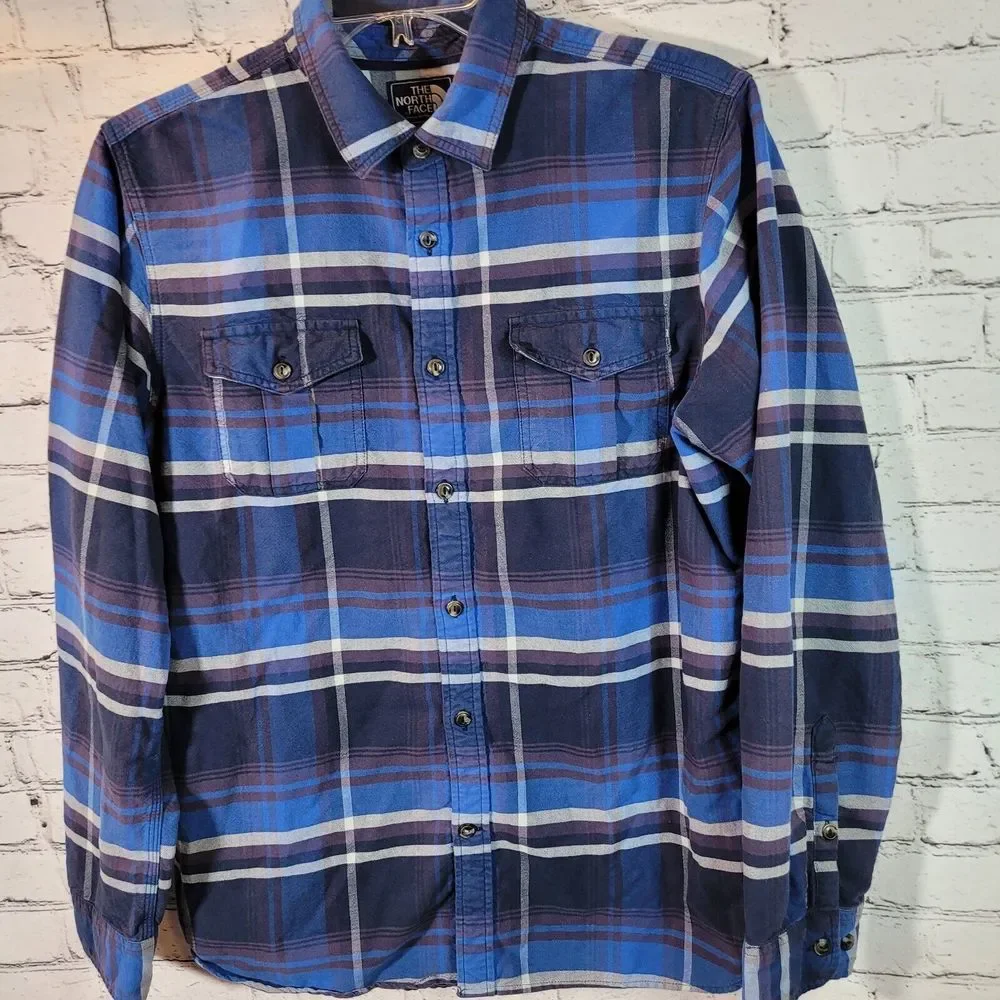 The North Face Flannel Shirt Mens Large Blue Purple Plaid Excllnt Button Up CB43
